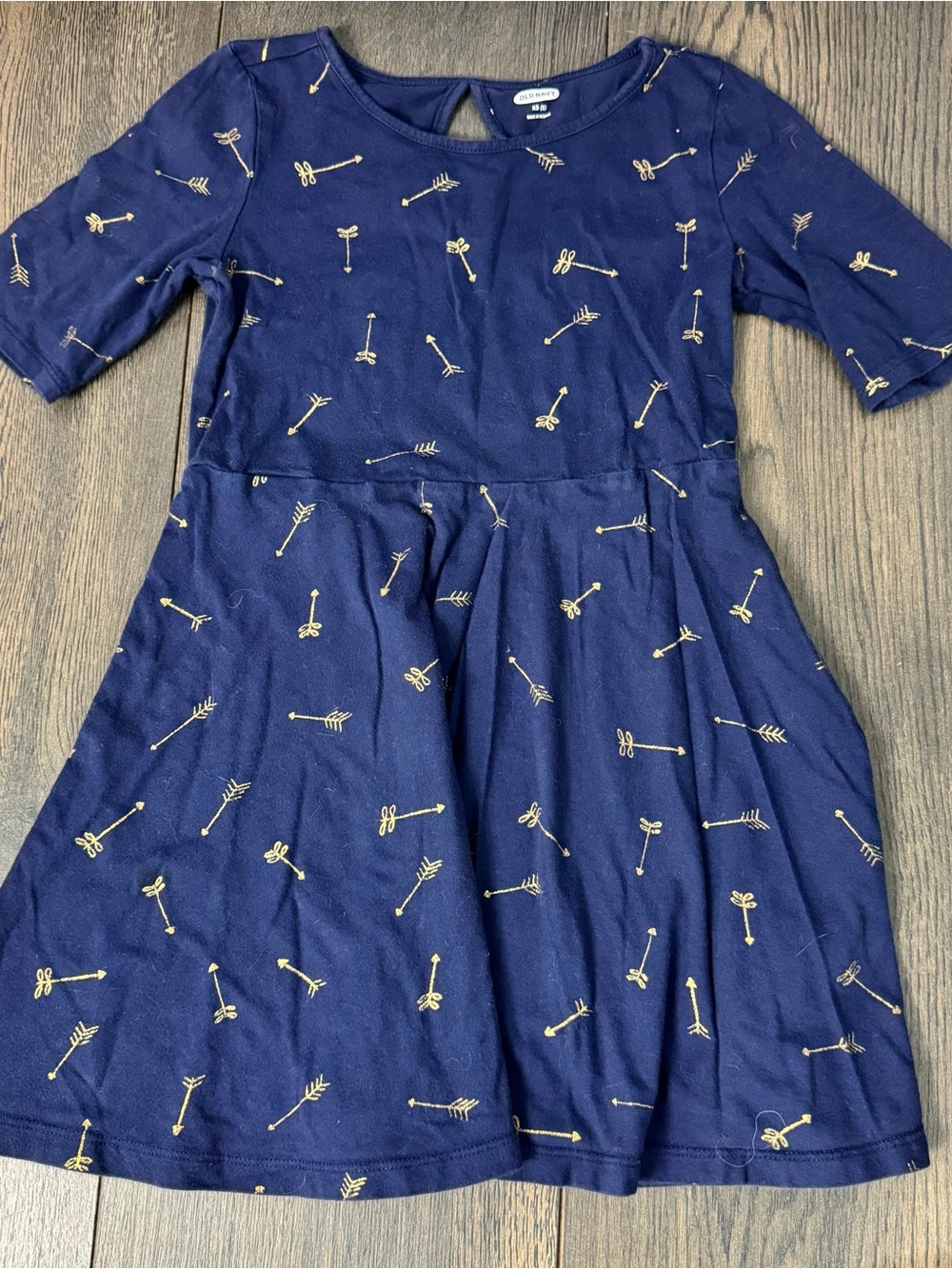 Old Navy, Navy Blue Quarter Sleeve Dress with Gold Arrow Print